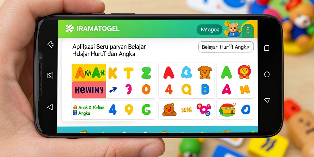 Antarmuka aplikasi IRAMATOGEL yang cerah dan menarik untuk belajar huruf dan angka.