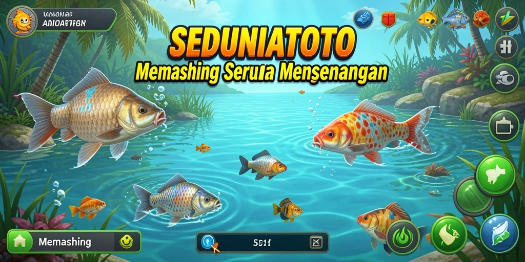 Tampilan antarmuka SEDUNIATOTO saat memancing dengan berbagai peralatan.